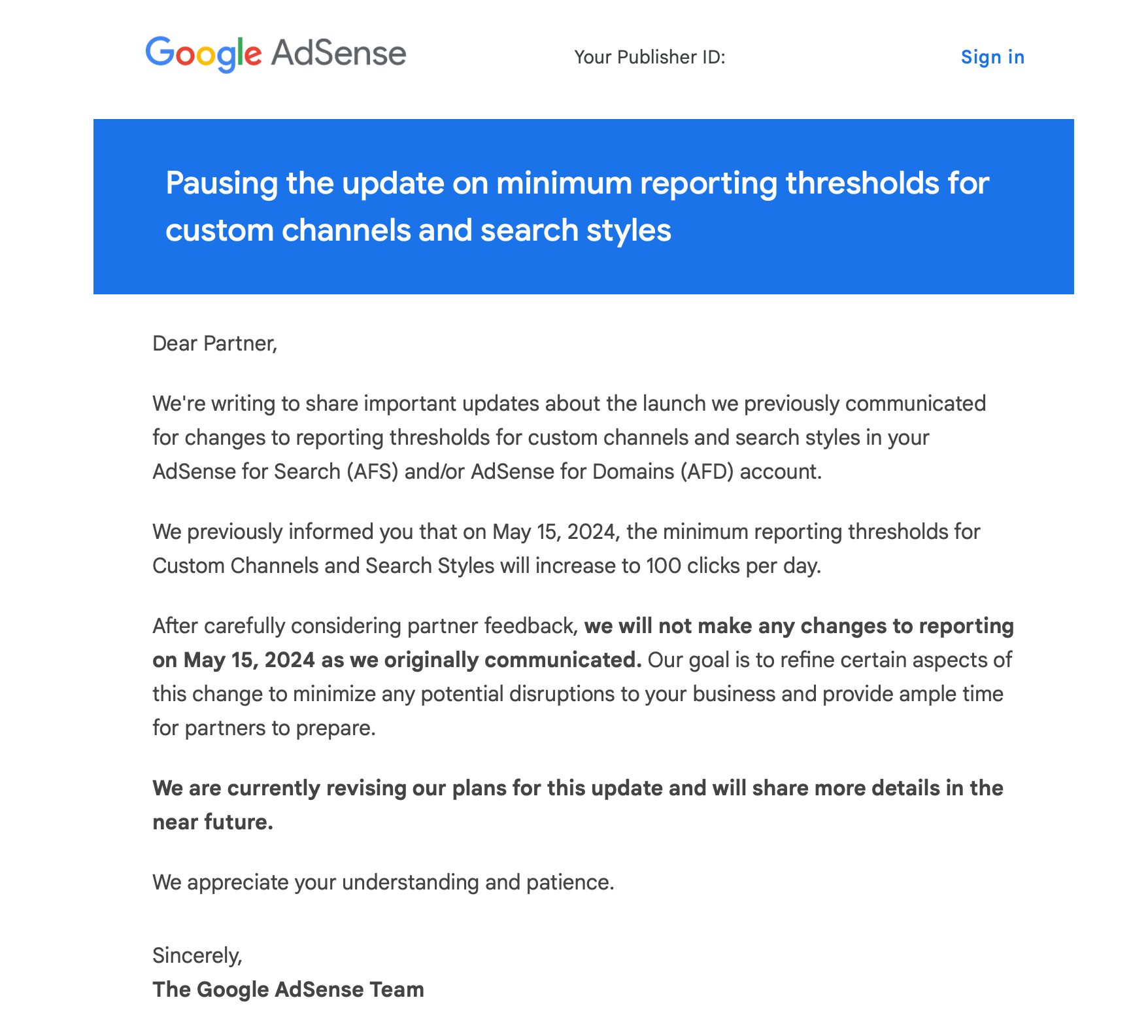 Google Adsense Channel Search Style Revert