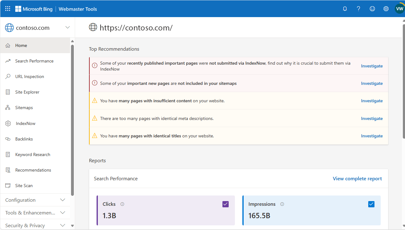 Bing webmaster outils recommandations