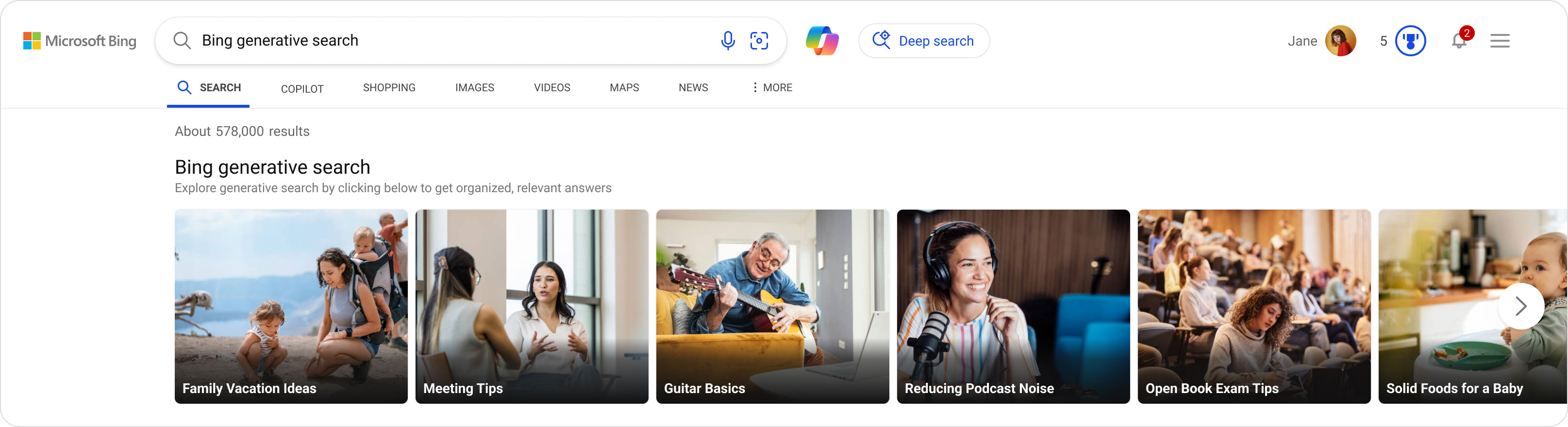 Carrousel de recherche générative Bing