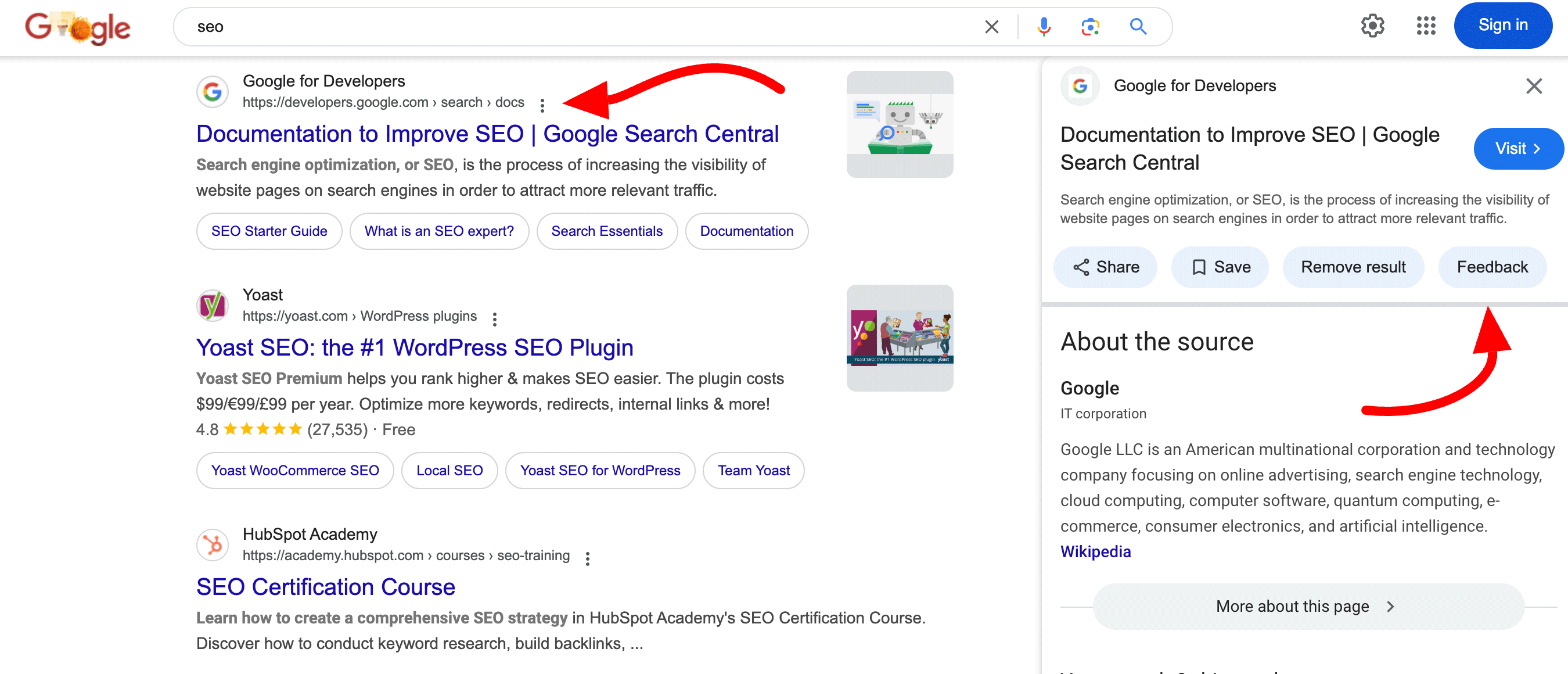 Lien de rétroaction de recherche Google