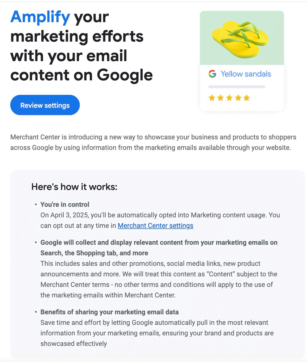 E-mail d'utilisation du contenu de la marketing du centre de marchand google