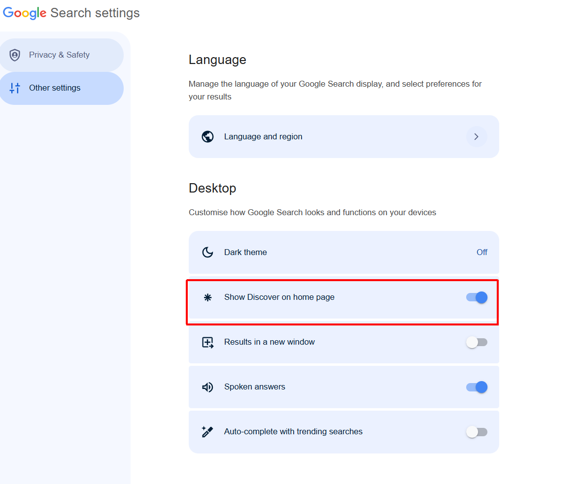 Réglage de la page d'accueil de Google Discover