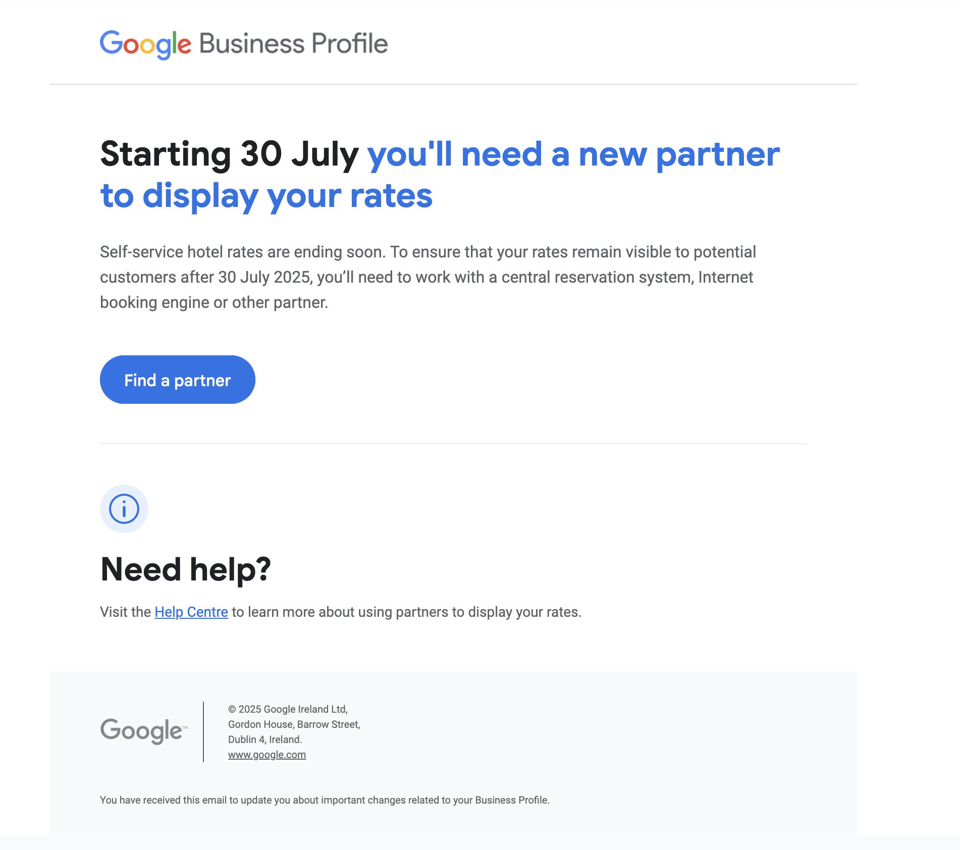 Email des hôtels autonomes Google Self-Service