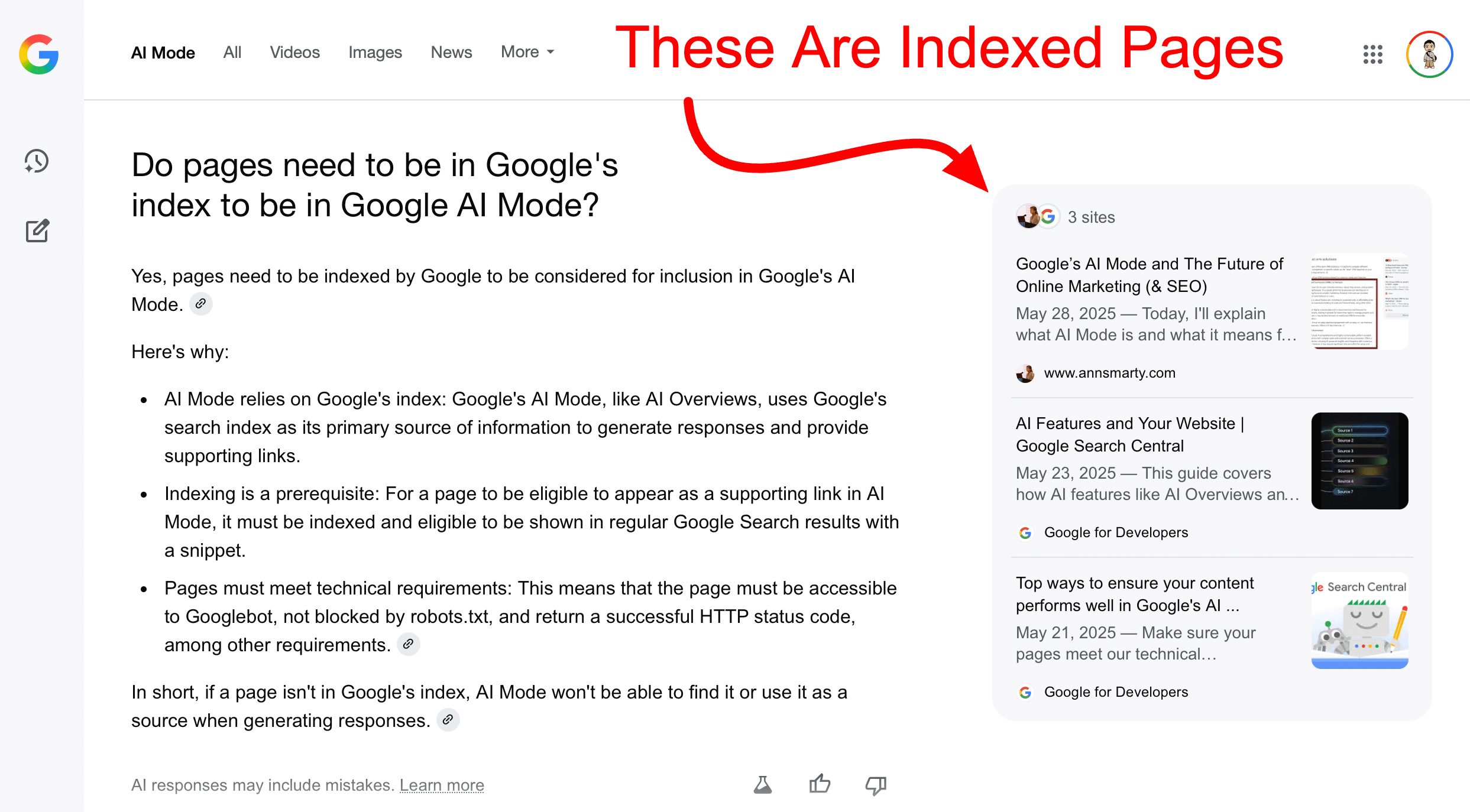 Pages indexées sur le mode Google AI
