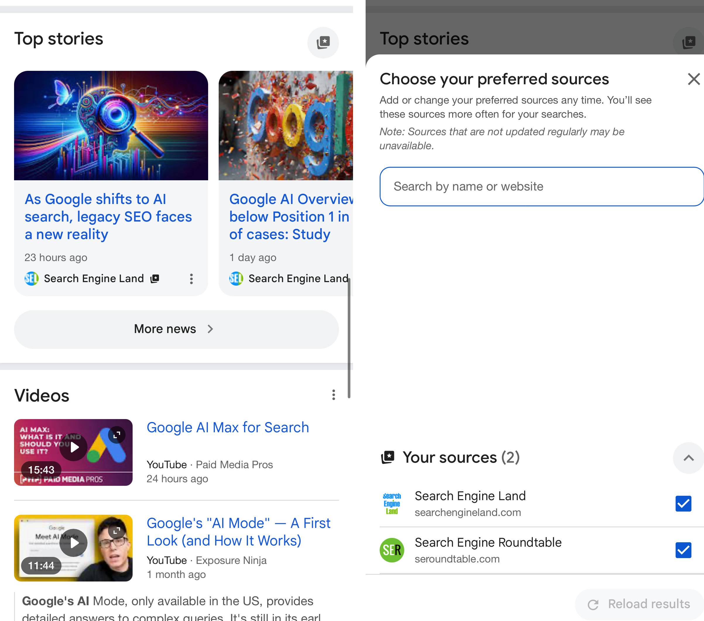 Google Sources privilégiées sur les meilleures histoires