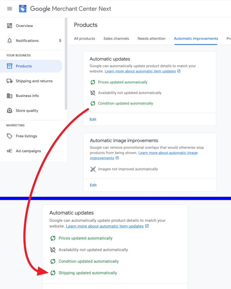 Google Merchant Center Améliorations automatiques