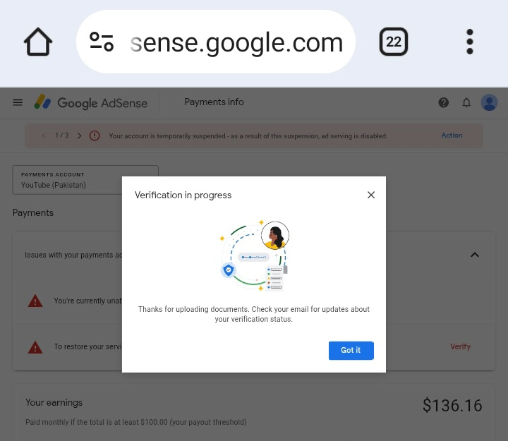 Bogue de vérification de la broche Google Adsense