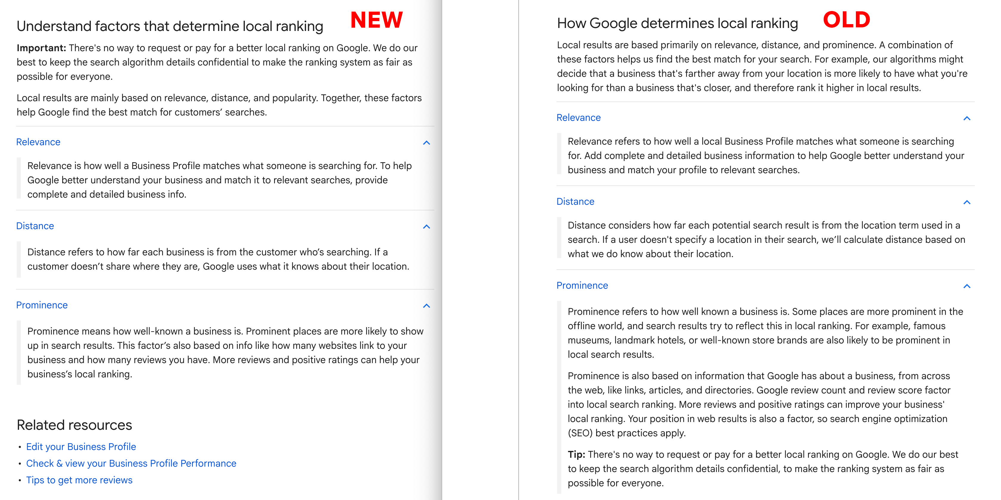 Comparaison de mise à jour de la mise à jour de Google Local Ranking Doc