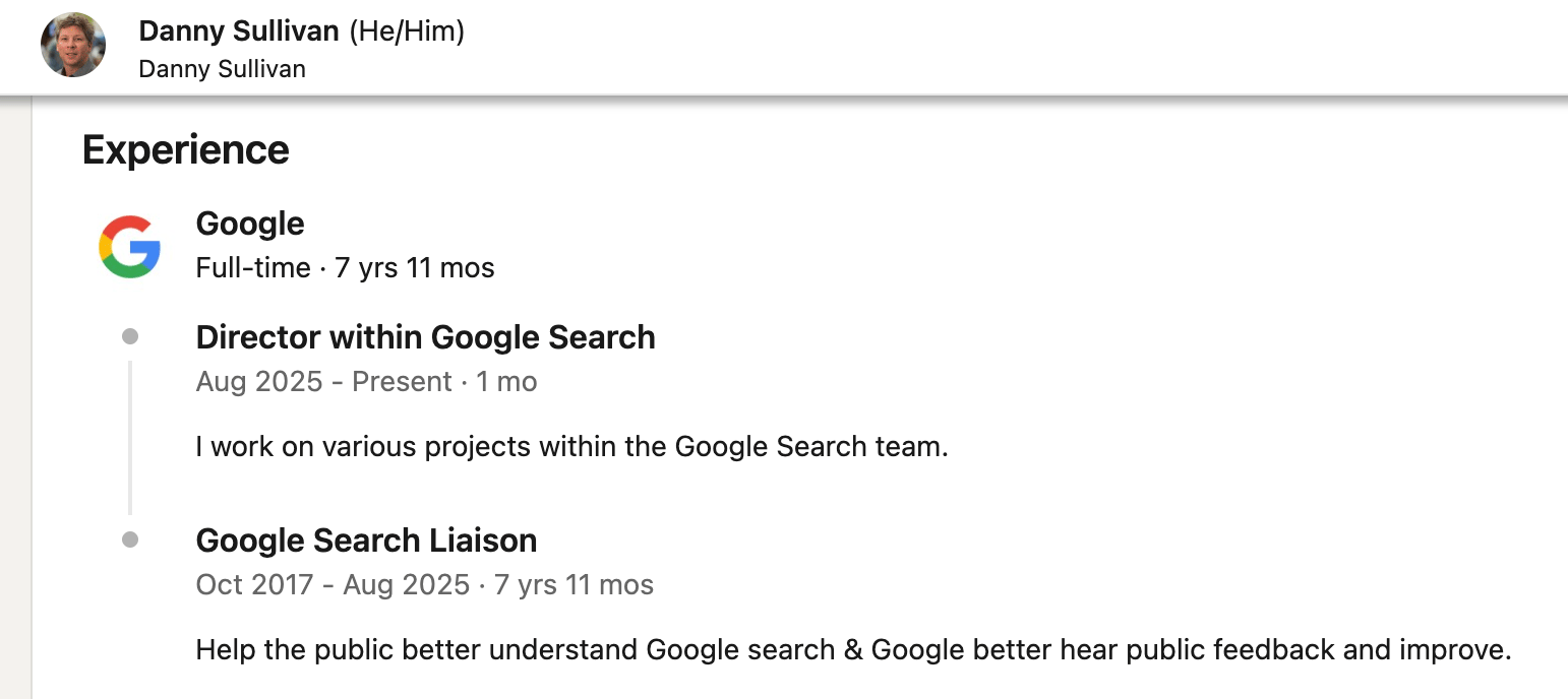 Danny Sullivan Google Titre Linkedin