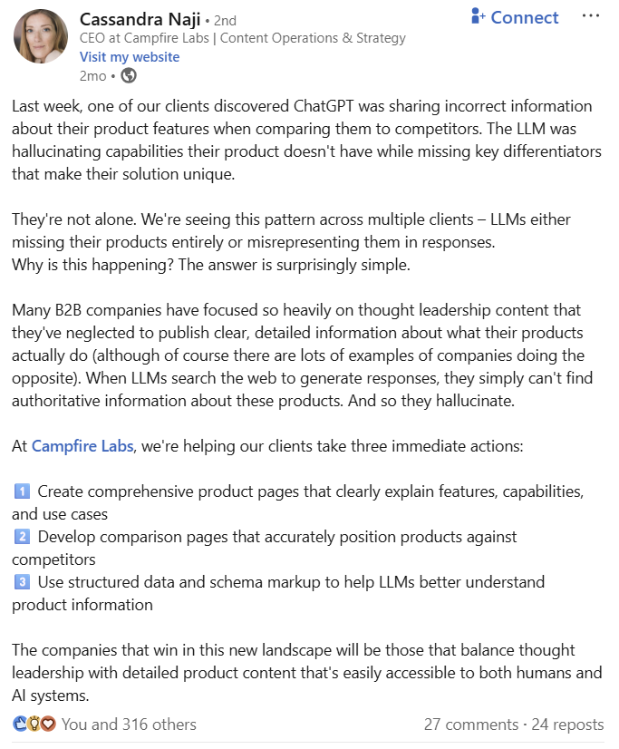 LinkedIn Post expliquant que des informations incorrectes sont partagées par Chatgpt à propos d'une entreprise
