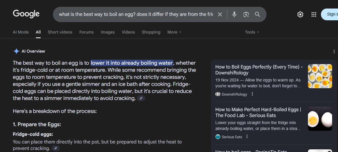 Google AI Présentation la meilleure façon de faire bouillir un œuf