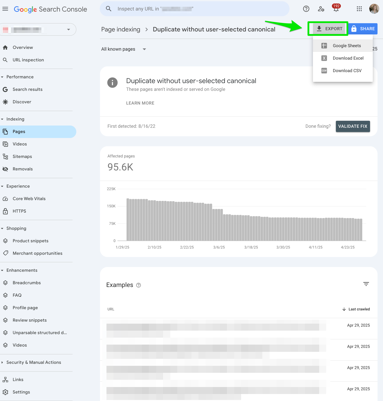 google-search-console-export-duplicate-with-user-sélectionné canonique