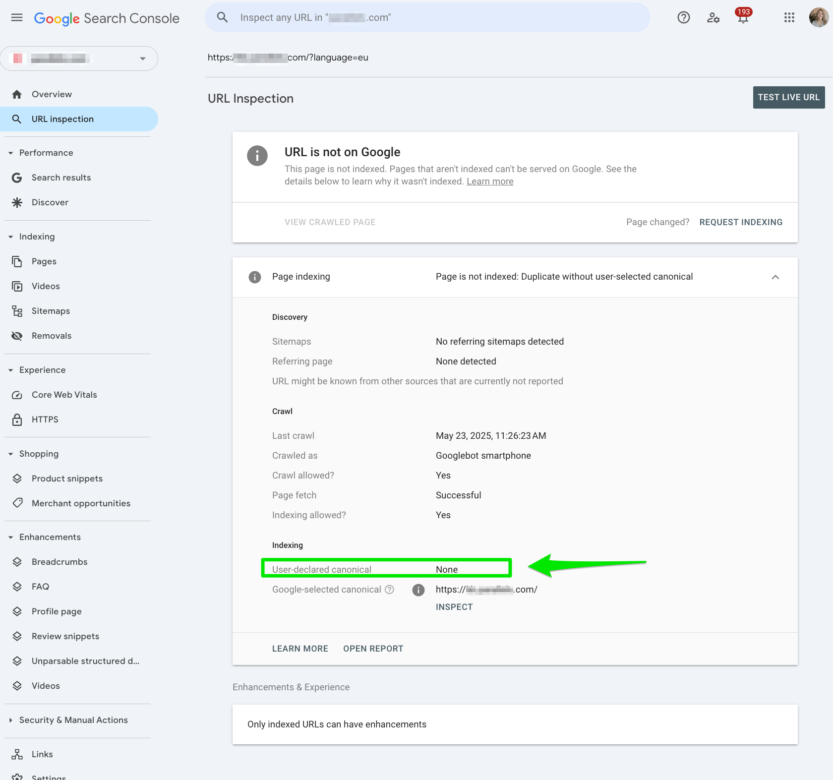 Duplication d'erreur de console de recherche Google sans Url d'inspection canonique 1