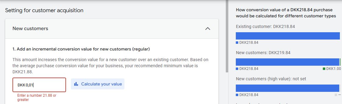 Paramètres de tests Google Ads Nouvelle valeur client