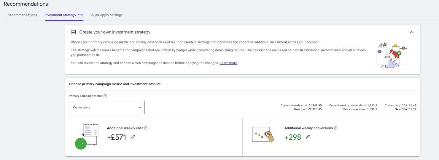 Onglet Stratégie d'investissement Google Ads