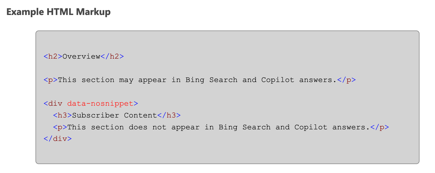 Attribut HTML de Nosnippet de données Bing