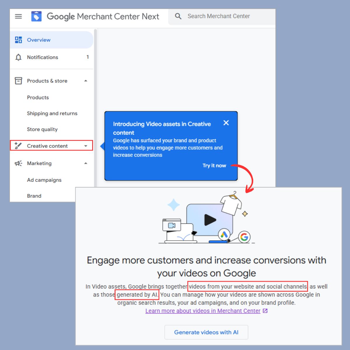 Section Contenu créatif de Google Merchant Center