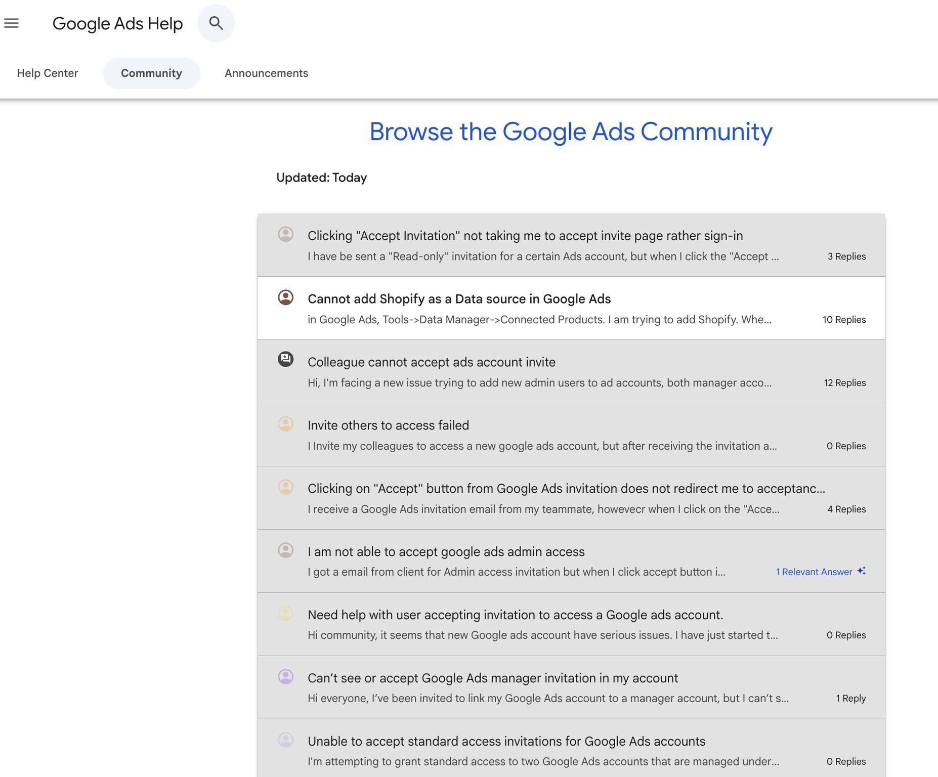 Discussions sur les bogues d'accès aux invitations Google Ads