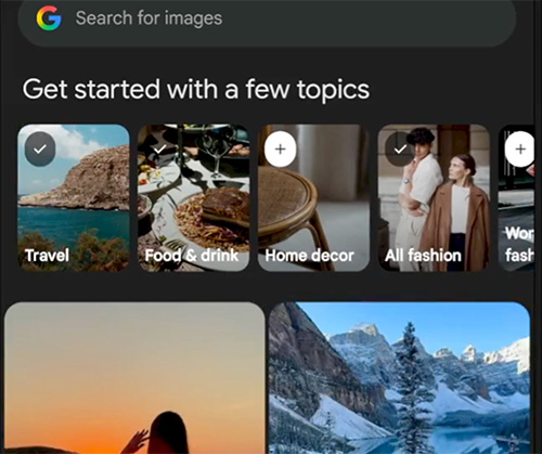 Onglet Google Images Sujets de démarrage