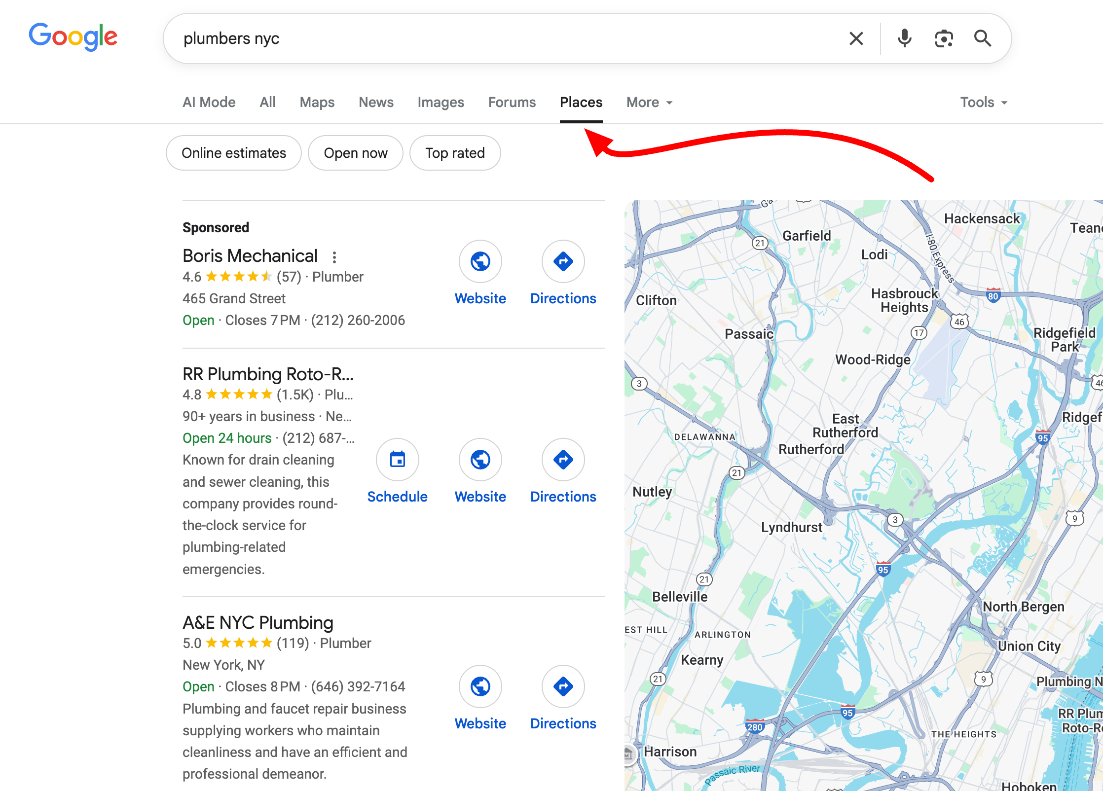 Google Local Pack Bouton Plus vers l'onglet Lieux