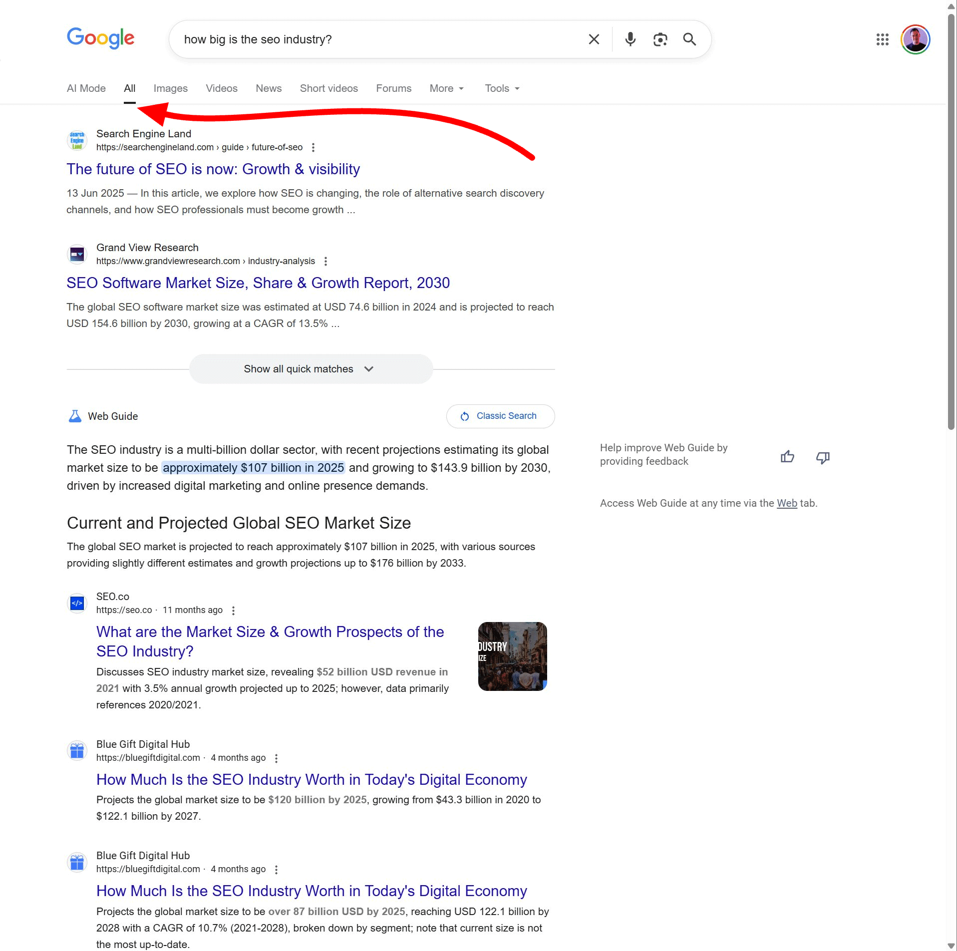 Onglet Tous les guides Web Google