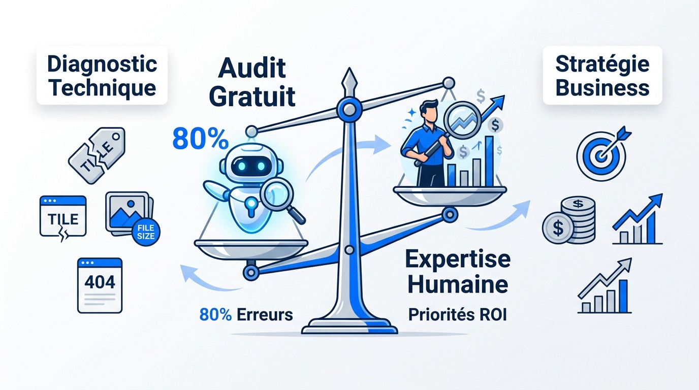 Comparaison entre la rapidité d'un audit SEO gratuit et la profondeur stratégique d'une expertise payante axée sur le ROI