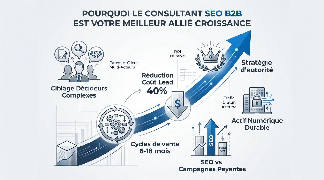 Consultant SEO B2B analysant la croissance organique et les cycles de vente complexes
