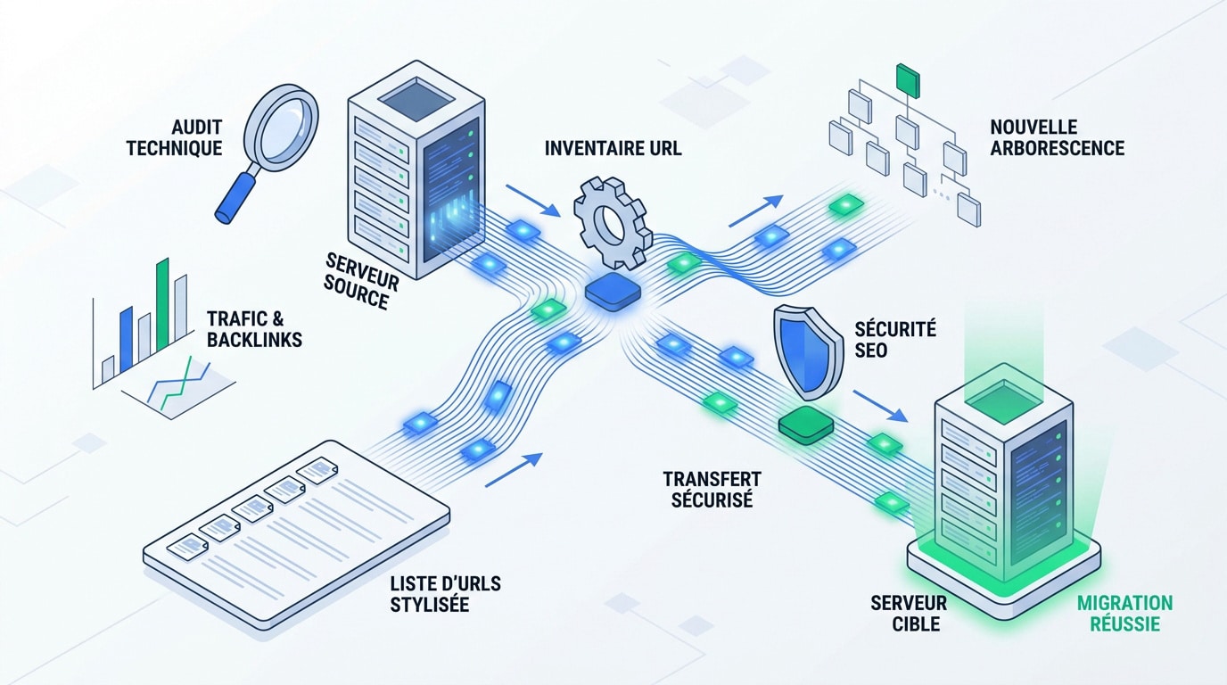 Infographie détaillant les étapes clés pour réussir sa migration de site sans perdre son trafic SEO
