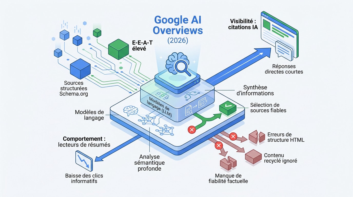 Infographie détaillant le fonctionnement des Google AI Overviews et leur impact sur le SEO en 2026