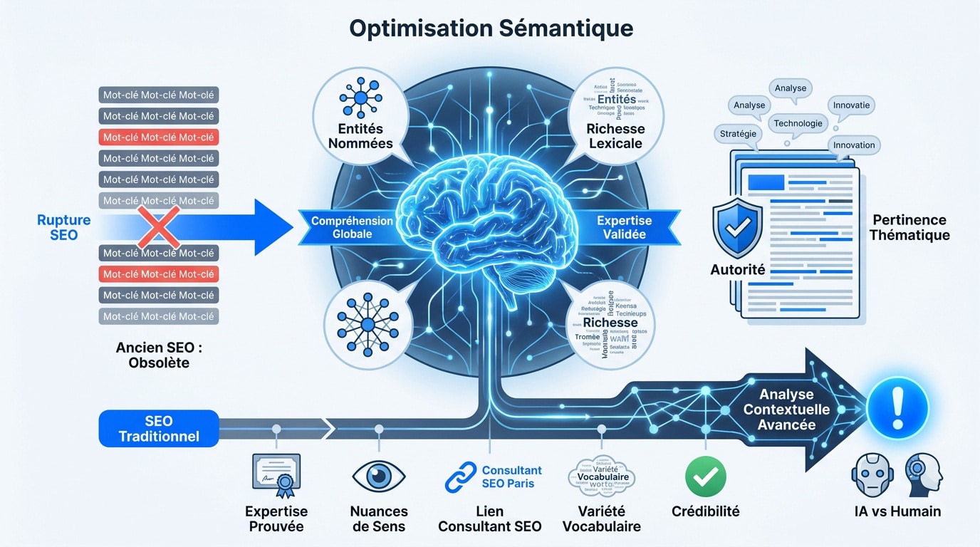 Infographie sur les piliers de l'optimisation sémantique avancée et le SEO contextuel
