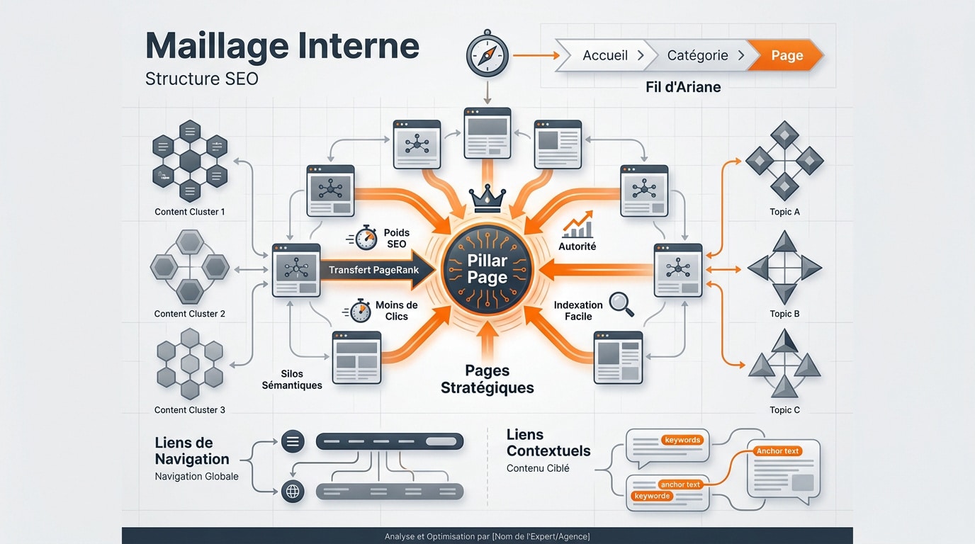 Schéma de la structure du maillage interne et flux de jus SEO entre les pages