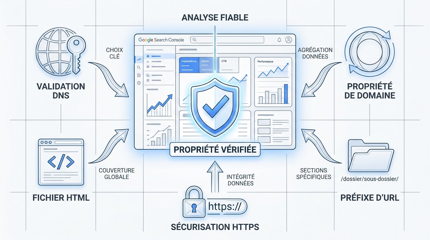 Schéma technique du processus de validation de propriété dans Google Search Console
