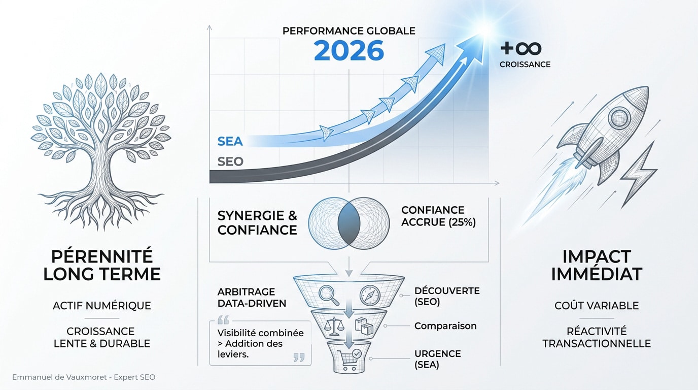 Graphique illustrant la synergie entre le référencement naturel SEO et payant SEA pour la performance web en 2026