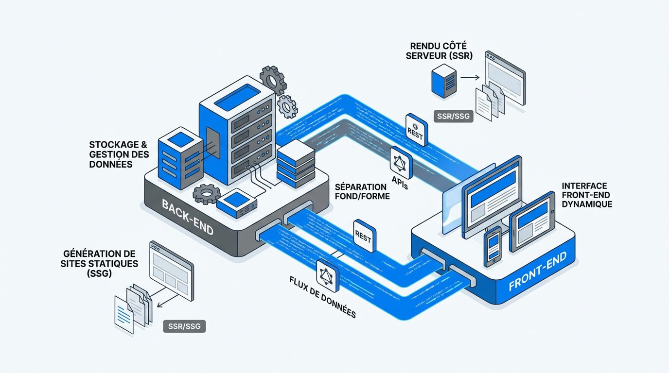 Schéma de l'architecture headless CMS montrant la séparation entre le back-end et le front-end via API