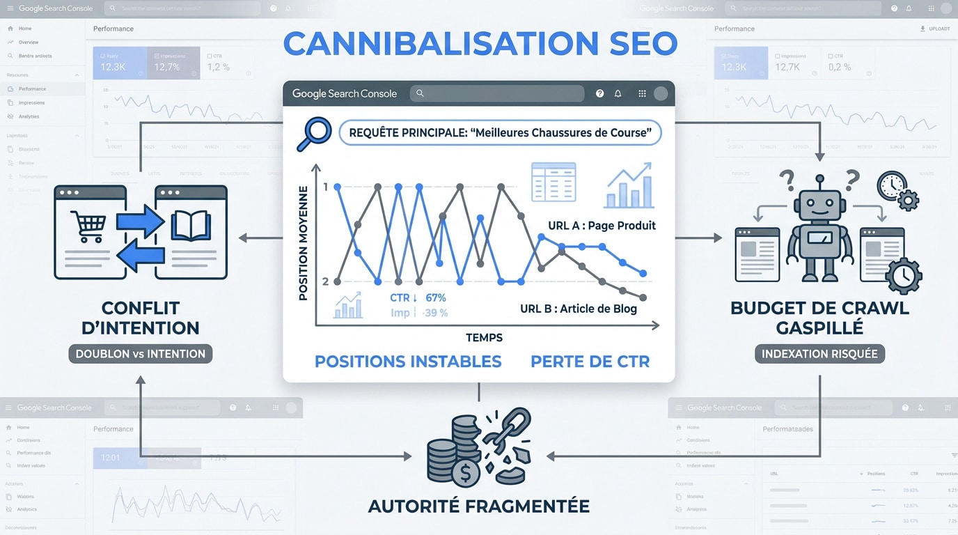Schéma expliquant les causes et les conséquences de la cannibalisation SEO sur le positionnement Google