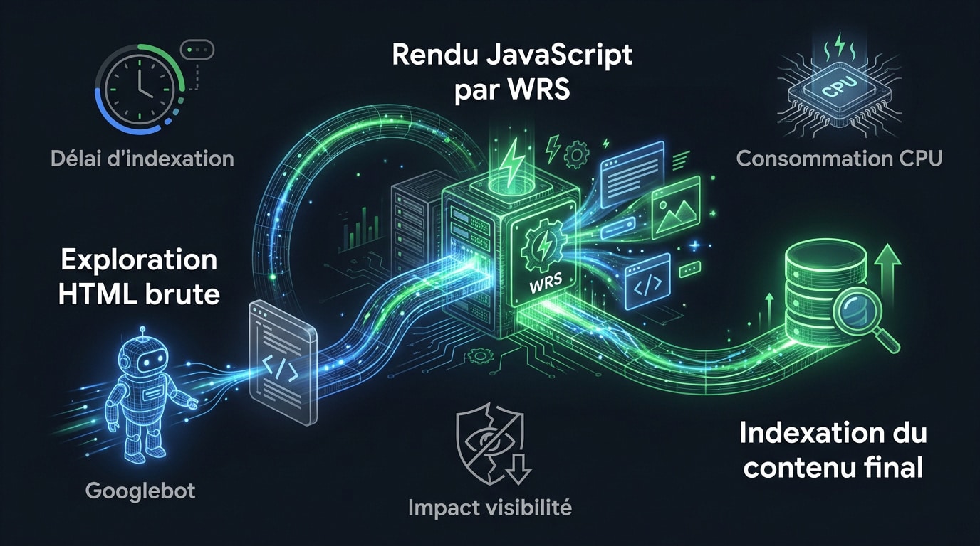 Schéma du cycle de vie d'une URL entre exploration HTML et rendu JavaScript par le WRS
