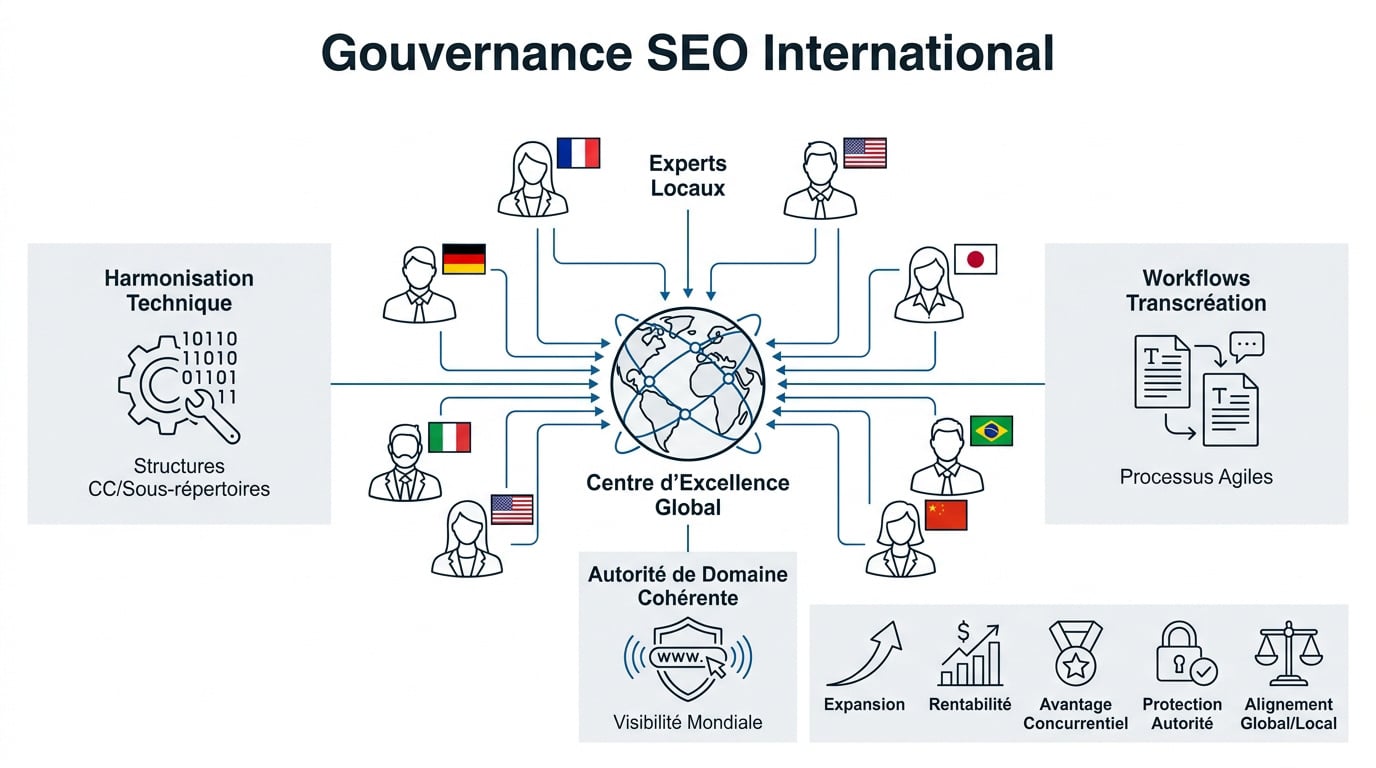 Schéma de la gouvernance SEO internationale avec centre d'excellence global et relais locaux
