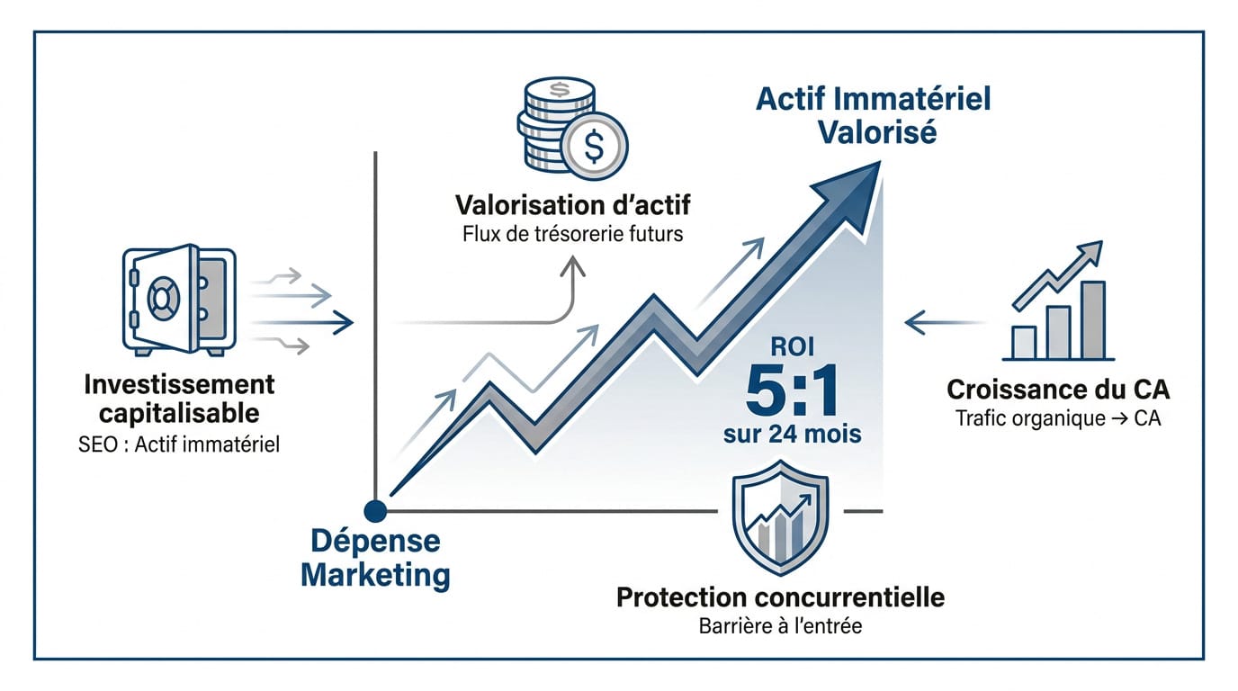 Infographie comparant l'investissement marketing classique et la création d'actifs immatériels via le SEO
