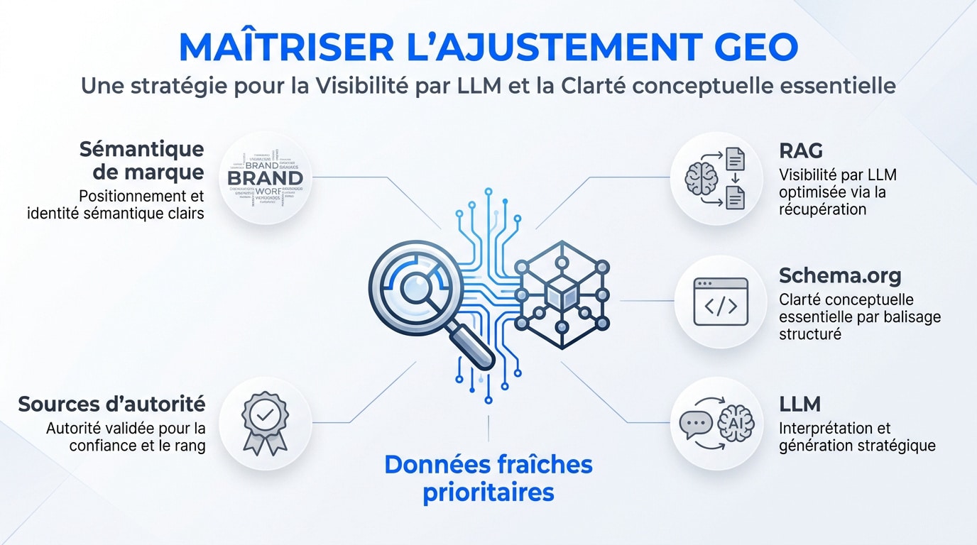 Schéma technique de l'optimisation GEO et de la clarté sémantique pour les LLM