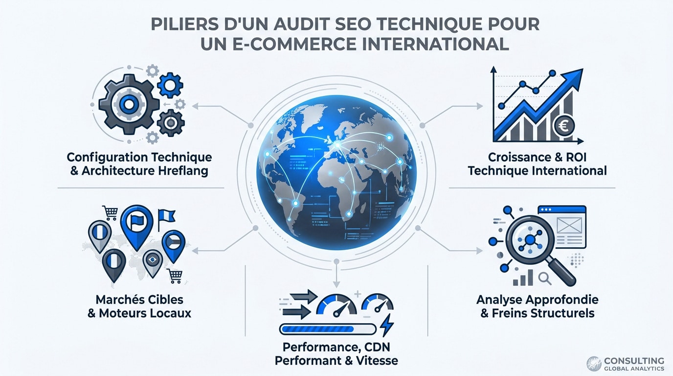 Schéma des piliers de l'audit SEO technique pour l'e-commerce international