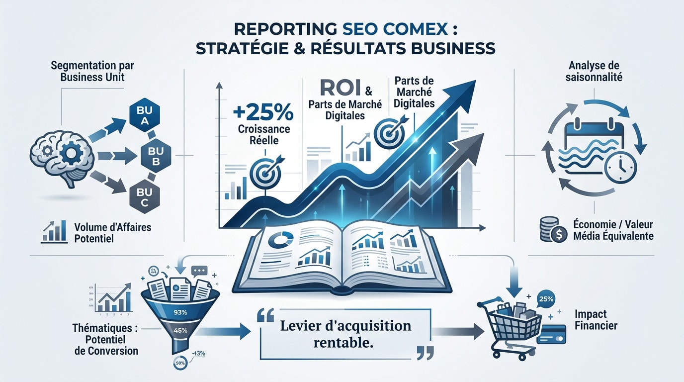 Tableau de bord stratégique SEO présentant les indicateurs de performance business pour un comité exécutif