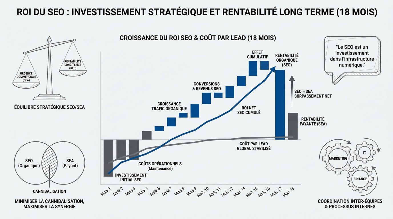 Graphique illustrant la rentabilité et le ROI du SEO pour les grandes entreprises sur le long terme