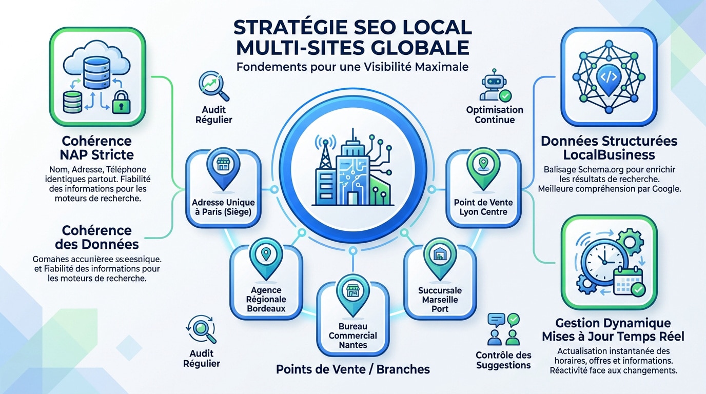 Schéma d'une stratégie SEO local multi-sites incluant Google Business Profile et cohérence NAP