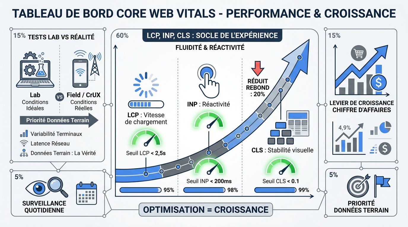 Tableau de bord des Core Web Vitals affichant les scores LCP, INP et CLS pour le pilotage de la performance