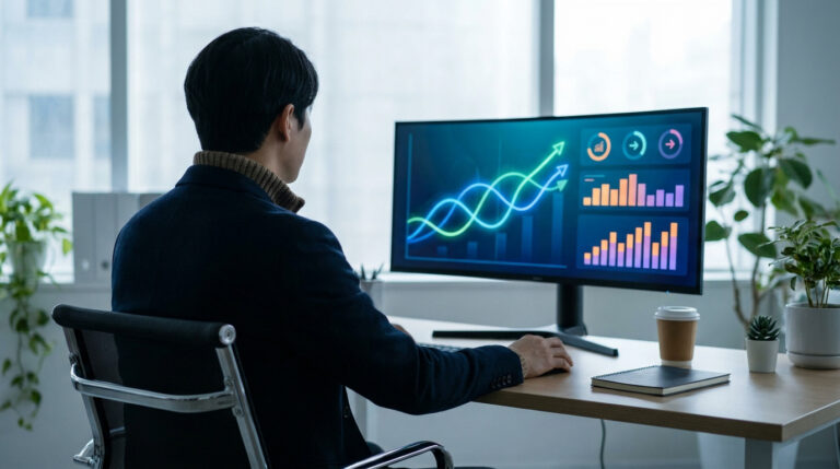 Un professionnel analyse des graphiques de performance sur un écran d'ordinateur dans un bureau lumineux.