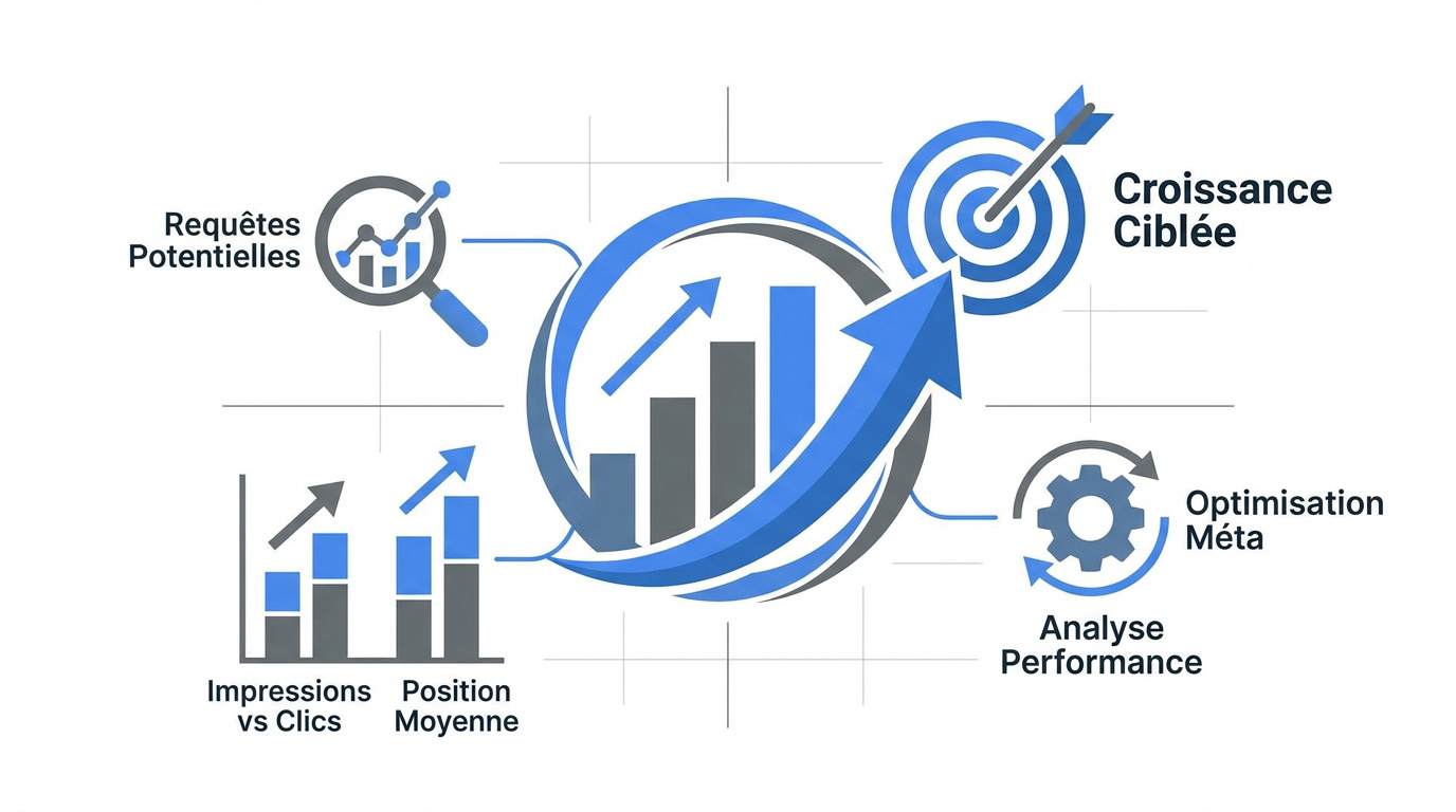Graphique d'analyse des performances Google Search Console pour identifier des opportunités de contenu SEO