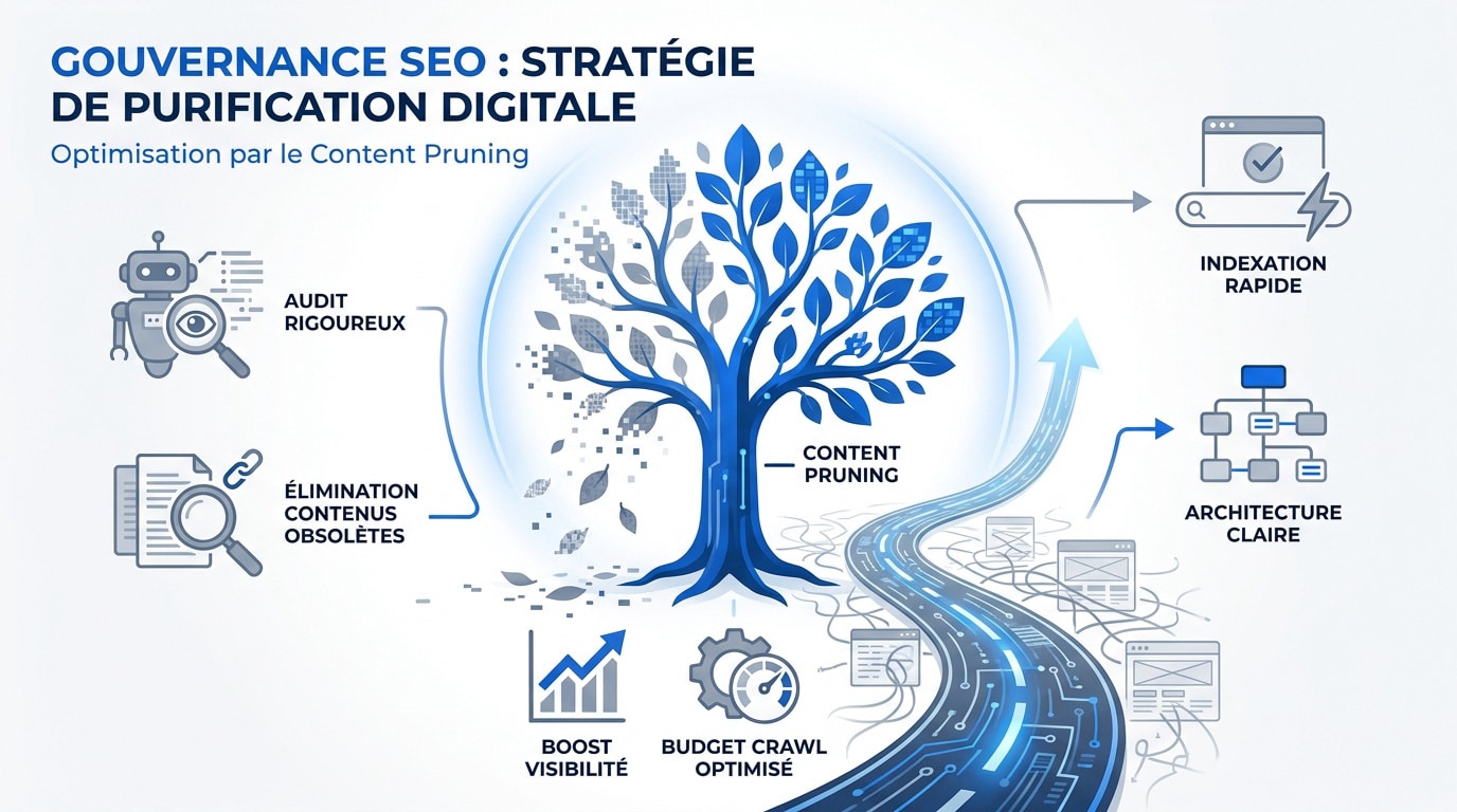 Schéma illustrant la gouvernance SEO et l'élagage de contenu pour les grands comptes