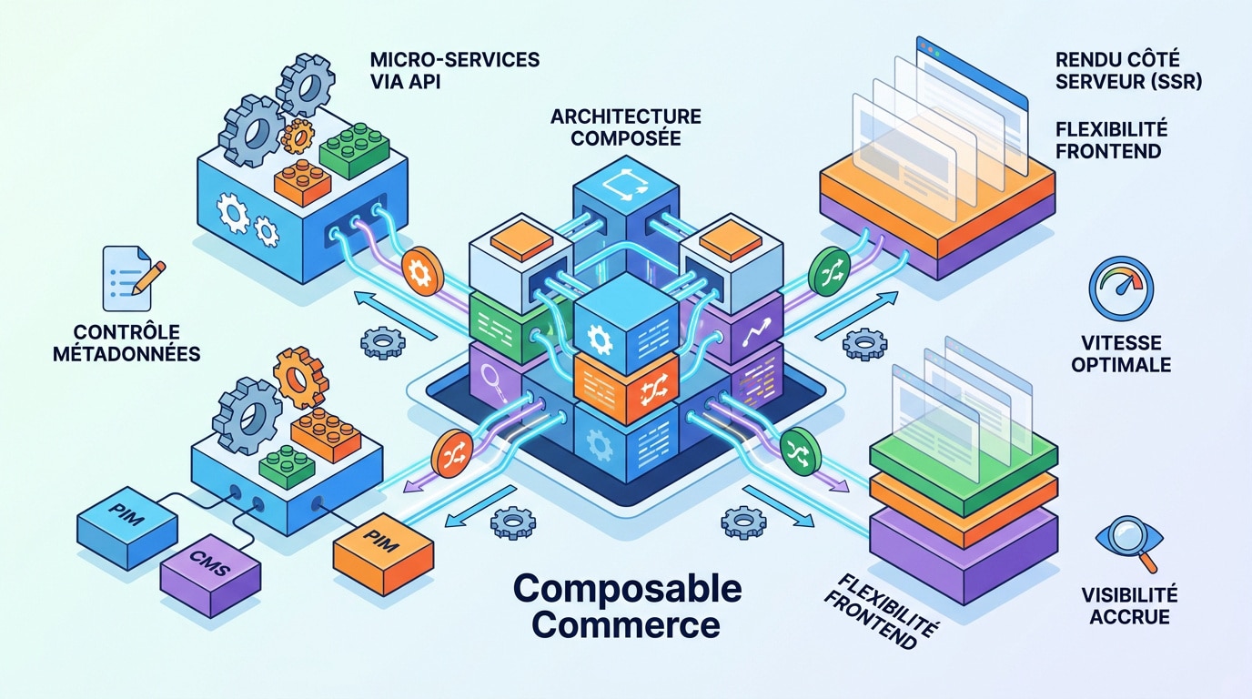Schéma technique d'une architecture e-commerce modulaire et découplée