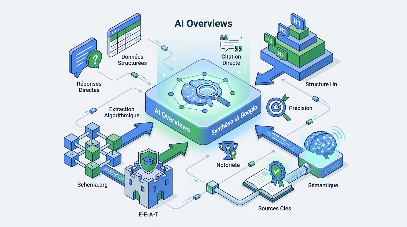 Infographie expliquant l'adaptation du contenu éditorial pour les Google AI Overviews et le GEO