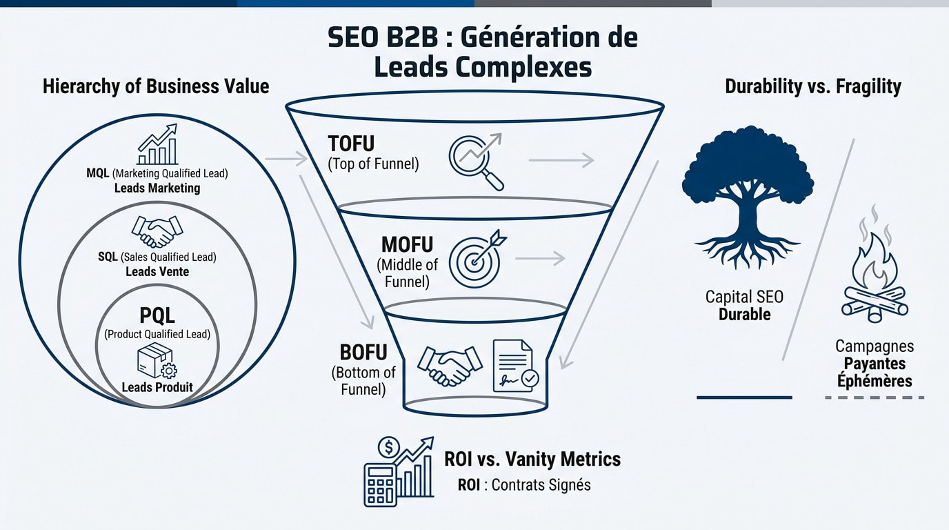 Infographie détaillant le tunnel de génération de leads B2B via le SEO et la hiérarchie MQL SQL PQL